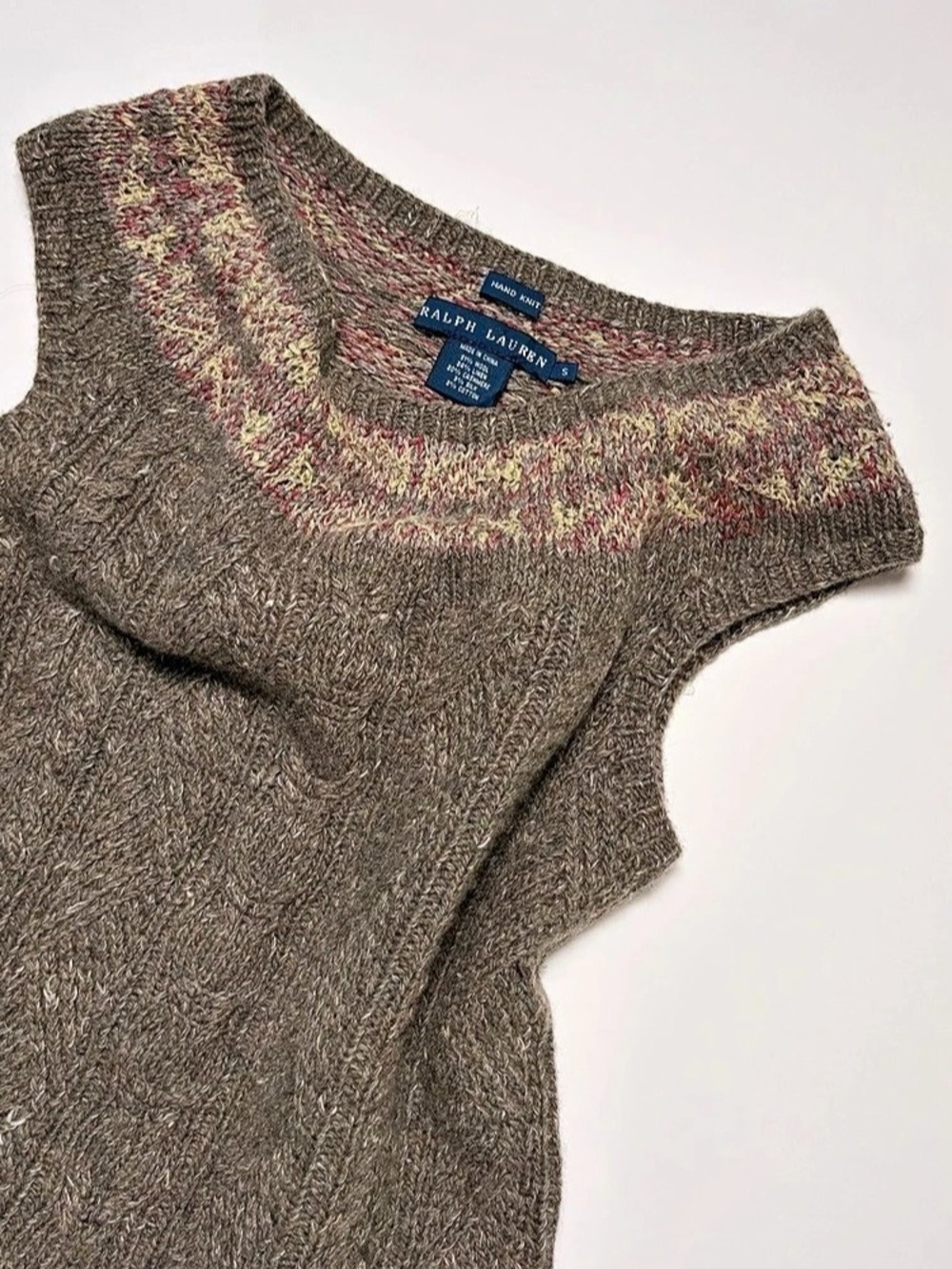Ralph Lauren Hand Knit Wool Cashmere Linen Cable Yoke Fair Isle Sweater Vest S